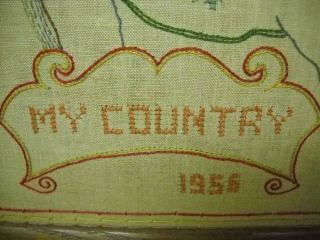 INCREDIBLE VINTAGE EMBROIDERY SAMPLER 1956 MY COUNTRY USA MAP CROSS STITCH 5