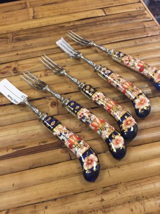 5 Vintage Royal Crown Derby Dessert Forks W/porcelain Imari Handle Signed