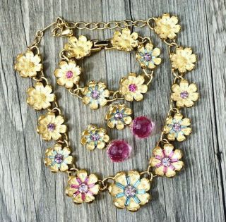 TRIFARI VTG 4 Pc Signed SET Rhinestone Floral Necklace / Earrings / Bracelet 4