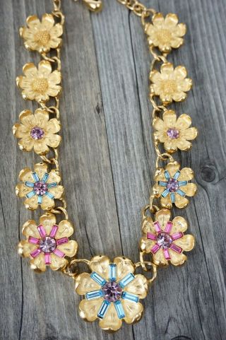 TRIFARI VTG 4 Pc Signed SET Rhinestone Floral Necklace / Earrings / Bracelet 5
