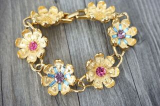 TRIFARI VTG 4 Pc Signed SET Rhinestone Floral Necklace / Earrings / Bracelet 6
