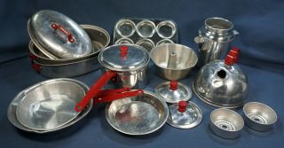 Vintage Miniature Child’s Kitchen Cook Ware Set Metal Pots And Pans 1950s