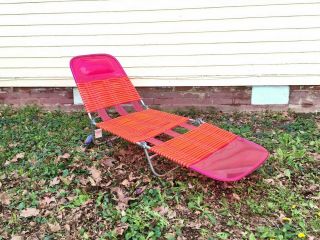 Vintage 80s 90s Pink Orange Plastic Tube Folding Beach Chaise Lounge Chair Beach