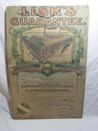 Antique Rare 1903 Cardboard Lisk Guarantee Agency Certify Advertising Sign