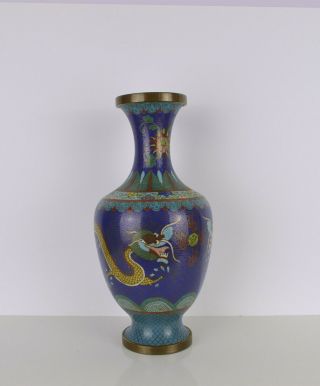 A Large & Perfect Late Qing Chinese Cloisonne Vase With Imperial Dragons