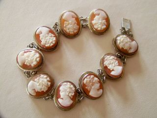 Vintage Jewellery Stamped 800 Silver Carved Cameo Shell Panel Bracelet
