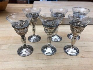 Antique Sterling Silver Threaded Etched Crystal Cordial Glasses Set Of 6