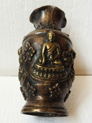 Antique Chinese Japanese Bronzed Brass Vase Attached Neck High Relief Heavy 6 "