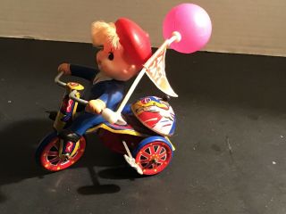 Vintage Tin Toy Wind Up Boy On Tricycle Made In Korea