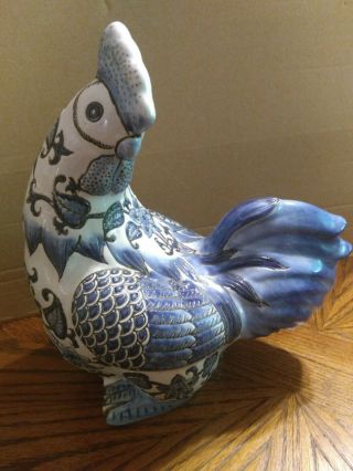 Chinese Blue And White Floral Porcelain Pottery Vintage Rooster Statue