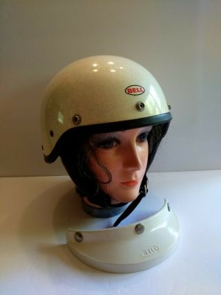 Vintage Helmet Bell Shorty Toptex? 1968? Pearl White Metal flake Bell 520 Visor 2