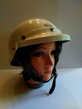 Vintage Helmet Bell Shorty Toptex? 1968? Pearl White Metal flake Bell 520 Visor 4