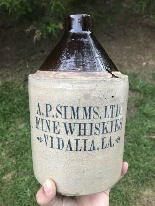Antique 1/2 A.  P.  Simms - Fine Whiskies - Vidalia,  La Louisiana Mississippi Jug