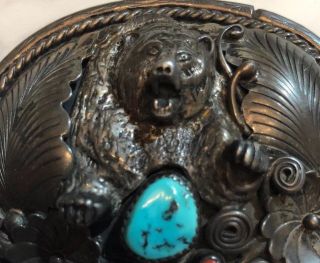 Richard Begay Navajo Vintage Sterling Silver Belt Buckle Signed Bear Turquoise 2