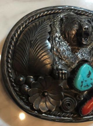 Richard Begay Navajo Vintage Sterling Silver Belt Buckle Signed Bear Turquoise 3