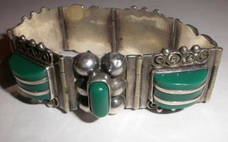1940`s Gorgeous Vintage Mexico Sterling Silver Bracelet Green Onyx 55.  4gr