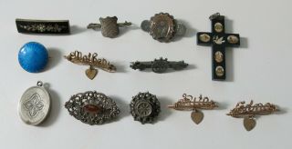 Group Of Antique Jewellery Sterling Silver Locket Sweetheart Brooch Mosaic Cross