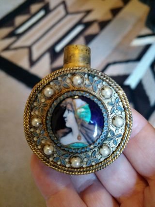 Vintage Chatelaine Bottle Gold Colored Cloisonne Pearls Cameo Rare