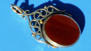 Rare Antique Victorian Solid 9ct Gold Bloodstone Cornelian Swivel Fob B 