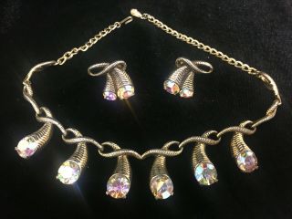 Rare Vintage Signed Schiaparelli Aurora Rhinestone Necklace Clip On Earrings Set