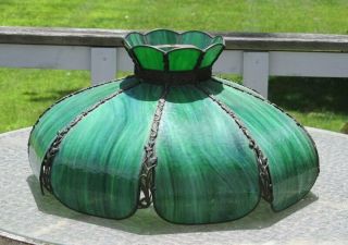 Antique Victorian Art Nouveau Emerald Green Bent Slag Glass Lamp Shade 21 "