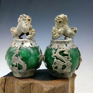 Chinese Natural Jade Tibetan Silver Hand Lion Statue