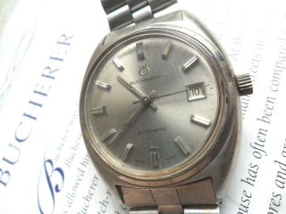 S/S Vintage 1970 ' s Men ' s Bucherer Automatic Swiss Watch w/ Bracelet 7