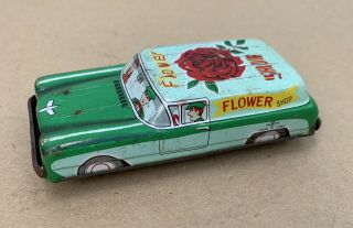 Vintage Small Tin Litho Friction Car Made In Japan Flower Delivery Truck 2
