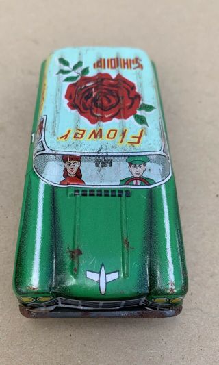 Vintage Small Tin Litho Friction Car Made In Japan Flower Delivery Truck 3