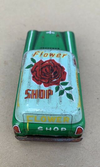 Vintage Small Tin Litho Friction Car Made In Japan Flower Delivery Truck 4