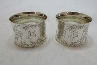Good Pair Antique Victorian Sterling Silver Aesthetic Napkin Rings,  66 Grams,  1890