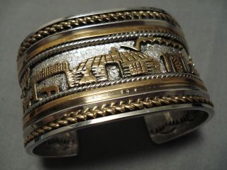 Huge Detailed Vintage Navajo Gold Hand Tooled Sterling Silver Bracelet