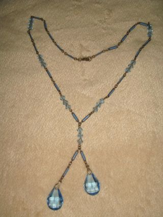 Vintage Art Deco Czech Blue Enamel & Crystal Gilt Silver Lariat Drop Necklace