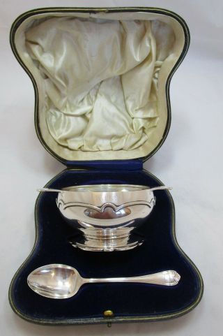 Good Cased Antique George V Sterling Silver Christening Bowl & Spoon,  233 Grams