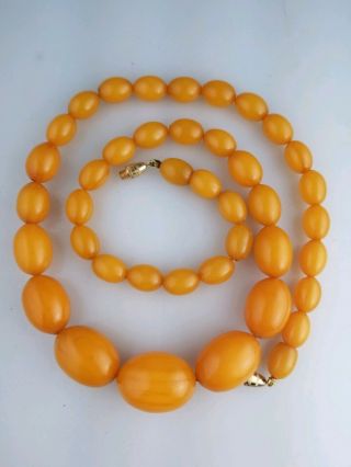 Antique Butterscotch Egg Yolk Amber Bakelite Oval Beads Necklace 58g Simichrome 2