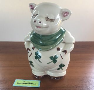 Rare Shawnee Pottery Smiley Pig Cookie Jar W/ Shamrock Clovers Vtg.  1940 