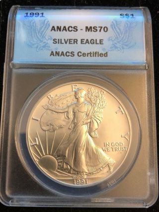 1991 American 1 Oz Fine.  999 Silver Eagle Ms70 Anacs Certified Rare