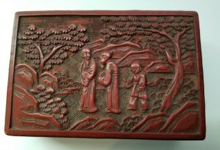 Old Chinese Cinnabar Lacquered Box With Carved Scholars