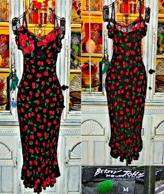 Betsey Johnson Dress Vintage Black Red Cherries Slip Wiggle Sheath Party M 6 8