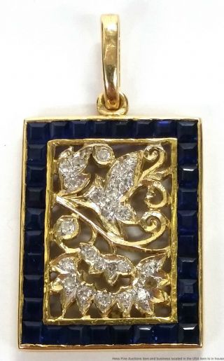 Vintage 14k Yellow Gold Natural Sapphire Fine Diamond Ladies Floral Pendant