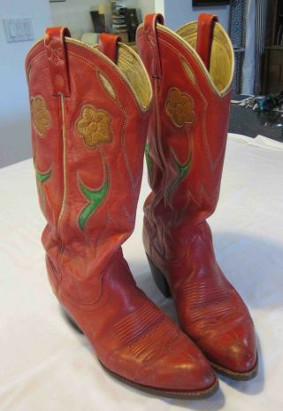 Vintage Ralph Lauren Western Boots Red With Decorative Stitching Size 7 1/2