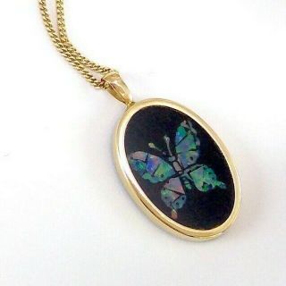 Vintage 9 Ct Gold Opal Inlay Butterfly Pendant & 20 " Chain Necklace - Gift Boxed