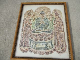Vintage Chinese " Three A - Mi - To Buddhas " Framed Stone Rubbing 24 " X 20 " Art