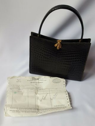 Vintage 1960 ' s French Black Crocodile Alligator Style Kelly Handbag Gilt Clasp 11