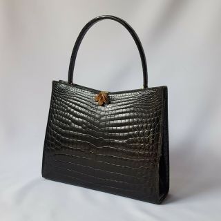 Vintage 1960 ' s French Black Crocodile Alligator Style Kelly Handbag Gilt Clasp 2