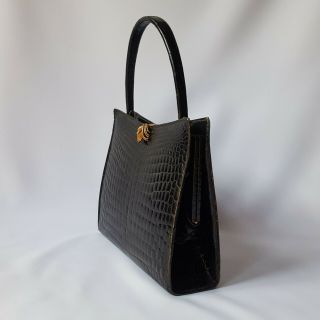 Vintage 1960 ' s French Black Crocodile Alligator Style Kelly Handbag Gilt Clasp 3