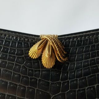Vintage 1960 ' s French Black Crocodile Alligator Style Kelly Handbag Gilt Clasp 4