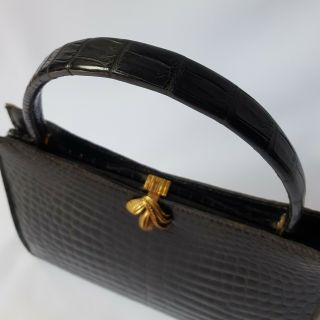 Vintage 1960 ' s French Black Crocodile Alligator Style Kelly Handbag Gilt Clasp 6