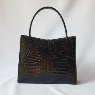 Vintage 1960 ' s French Black Crocodile Alligator Style Kelly Handbag Gilt Clasp 7