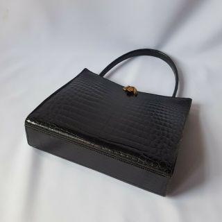 Vintage 1960 ' s French Black Crocodile Alligator Style Kelly Handbag Gilt Clasp 8